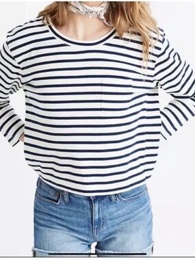 Madewell Navy & White Striped Long Sleeve Pocket Tee